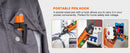 PROSTER - An orange and black portable pen hook tester clipped onto a gray work jacket pocket, with text reading 'PORTABLE PEN HOOK' and three small inset photos showing it being used to test electrical outlets and wiring.