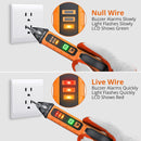 PROSTER - An orange and black electric tester tool is shown being used on a wall outlet in two demonstration panels. The top panel shows the 'Null Wire' mode with a green LCD display and slow blinking; the bottom panel shows the 'Live Wire' mode with a red LCD display and quick blinking.