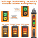 PROSTER - An orange and black electrical tester tool shown with explanatory labels and diagrams on a white background, explaining live and null wire identification and voltage ranges.