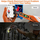 PROSTER - A split-screen demonstration of an electrical circuit tester tool. The top panel, labeled 'Home', shows a gloved hand holding a white electrical outlet next to a blue junction box while using an orange-and-black handheld tester.