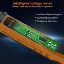 PROSTER - An orange and black Proster AC Voltage Detector shown diagonally against a dark space-like background, with a green circuit board visible on the side. Text on the image highlights its intelligent voltage testing features, including live/neutral wire distinction, sound and light alarm, and breakpoint detection.