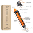 PROSTER - An electric torch tester pen shown next to its product box, with callout labels indicating dimensions and features such as mini flashlight, electric torch illumination lamp, battery compartment, portable hook, LED display, sensitivity/flasheswitch, and test pencil tip.