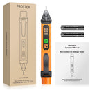 PROSTER - An orange and black PROSTER non-contact AC voltage tester shown with its retail box, two black batteries, and an operation manual on a white background.