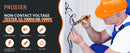 A man in an orange hard hat and blue overalls uses a handheld non-contact voltage tester on a white wall. The left side features a black promotional panel with orange text reading 'PROSTER' and product features like high accuracy, audible alarm, flashlight, and portable size.