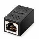 A black RJ45 network coupler with a silver metal frame and gold-plated internal contacts, shown on a clean white background.