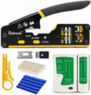 Deireol RJ45 crimping tool kit with a black and yellow main crimping tool, yellow ring cutter, blue and clear plug inserts, and white cable tester and remote modules on a white background.