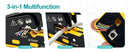 A three-panel product demonstration showing a multifunction electrical terminal block tool in use: cutting a cable, stripping wires, and crimping a connector. The tool is black and yellow, with multicolored wire leads visible.