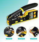 Deireol yellow and black RJ45 network cable crimping tool with three circular inset detail views showing cutting, stripping, and crimping actions on a light blue gradient background.
