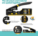 Deirei RJ45 crimping tool shown on a white background with marketing text and detail callouts about the upgraded structure, material, steel blade, through-hole design, and anti-rust coating.