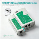 Two RJ45/11/12 detachable remote testers for cable testing, shown on a clean white background with product feature text and callout labels.