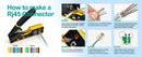 An instructional infographic titled 'How to make a RJ45 Connector' showing a yellow and black crimping tool on the left and five step-by-step panels on the right with hands, cables, and connector diagrams, plus color strip labels T566B and T566A.