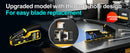 A promotional product image for an Outreevel network cable stripper tool, showing the tool in yellow and black, a circular close-up of its internal blade mechanism, and a second view of the tool on a desk. Text overlays read 'Upgraded model with through-hole design' and 'For easy blade replacement', with an orange 'UPGRADED MODEL' badge.