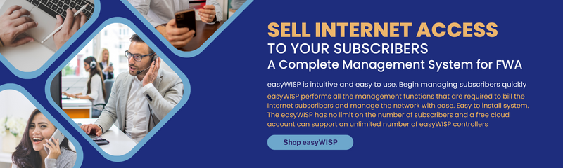 Sell Internet access to your subscribers. A complete management system for FWA. easyWISP is intuitive and easy to use. Begin managing subscribers quickly. easyWISP performs all the management functions that are required to bill the Internet subscribers and manage the network with ease. Easy to install system. The easyWISP has no limit on the number of subscribers and a free cloud account can support an unlimited number of easyWISP controllers.