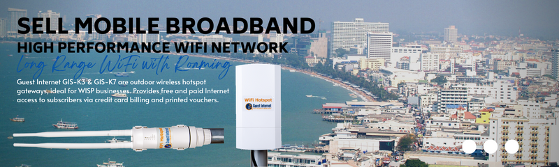 Sell mobile broadband high performance wifi network long range wifi with roaming. Guest Internet GIS-K3 & GIS-K7 are outdoor wireless hotspot gateways, ideal for WISP businesses. Provides free and paid Internet access to subscribers via credit card billing and printed vouchers.