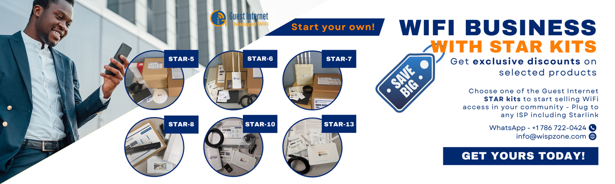 Start your own WiFi business with STAR kits. Get exclusive discounts on selected products. Choose one of the Guest Internet STAR kits to start selling WiFi access in your community. Plug to any ISP including Starlink.
