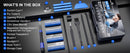 A boxed screwdriver bit set displayed on a dark background with a numbered inset showing the included accessories. The set includes a storage case, suction cup, pry tools, screwdriver handles, CRV steel bits, a magnetizer/demagnetizer tool, brushes, trowels, a spudger, hook tool, and pointed tweezers.