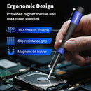 Ergonomic screwdriver with features highlighted, held over a hard drive.