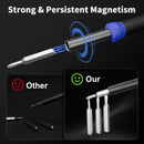 Screwdriver with magnetic head on a black background, comparing strong and persistent magnetism to 'Other' brand.