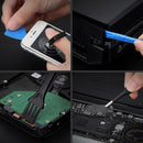 Four-panel demonstration showing hands using a blue plastic opening tool and black cleaning tools to remove or access internal components of a smartphone and hard drive.
