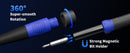 Close-up of a screwdriver bit holder with a black and blue handle, showing a screwdriver bit held magnetically. Text highlights '360° Super-smooth Rotation' and 'Strong Magnetic Bit Holder' on a dark blue background.