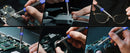 A six-panel collage showing hands using a precision screwdriver with blue and purple handles to disassemble electronic devices, glasses, and camera components.