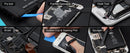 A six-panel collage showing a phone repair kit in use on a phone's internal components. Panels label and name each tool: Pry tool, Pointed Tweezers, Hook Tool, Brush, Suction Cup & Opening Pick, and Spudger.