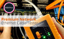 iMBAPrice - Orange network cable tester being used with Ethernet cables and a network switch in the background.