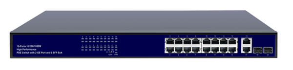 SP1604 - Power over Ethernet (PoE) switch, 16 LAN PoE ports, 2 uplink Ethernet ports, and 2 SFP ports