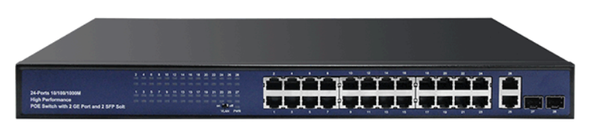 SP2404 - Power over Ethernet (PoE) switch, 24 LAN PoE ports, 2 uplink Ethernet ports, and 2 SFP ports